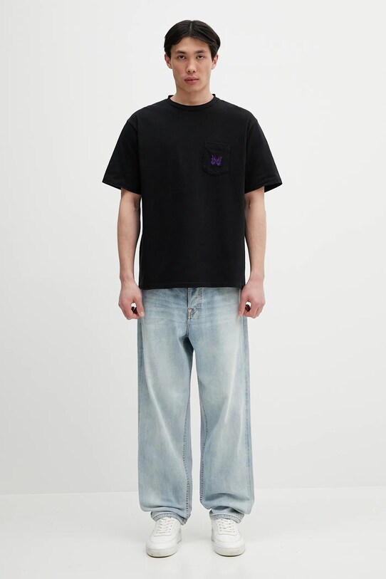 Needles t-shirt bawełniany S/S Papillon Emb. Pocket QV357 czarny