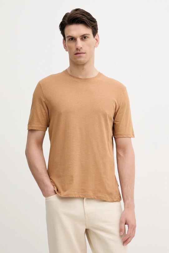 Sisley t-shirt z domieszką lnu regular brązowy 3D8FS104L