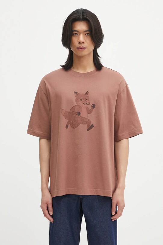 Pamučna majica Maison Kitsuné Speedy Fox Print Oversize relaxed smeđa OM00109KJ0008