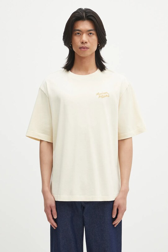 Maison Kitsuné tricou din bumbac Maison Kitsune Handwriting Embroidery bumbac bej OM00123KJ0119