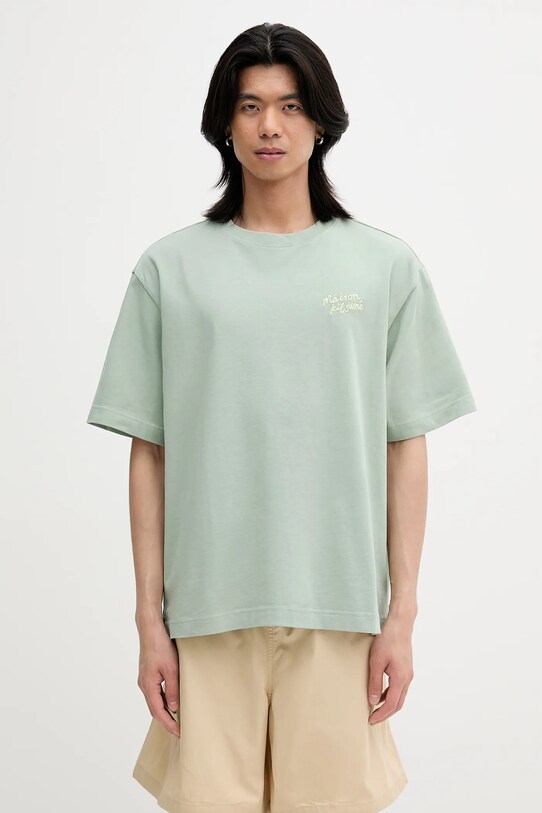 Pamučna majica Maison Kitsuné Maison Kitsune Handwriting Embroidery relaxed zelena OM00123KJ0119