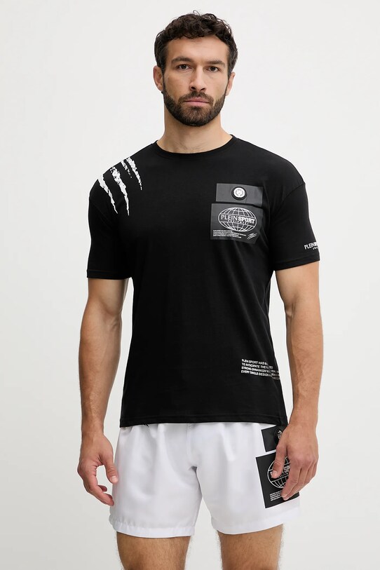 PLEIN SPORT t-shirt bawełniany nadruk czarny PS25MTS03