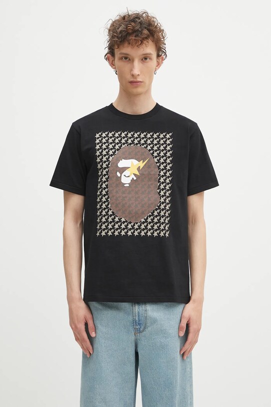 Памучна тениска A Bathing Ape STA houndstooth APE head стандартна черен 1K80110035