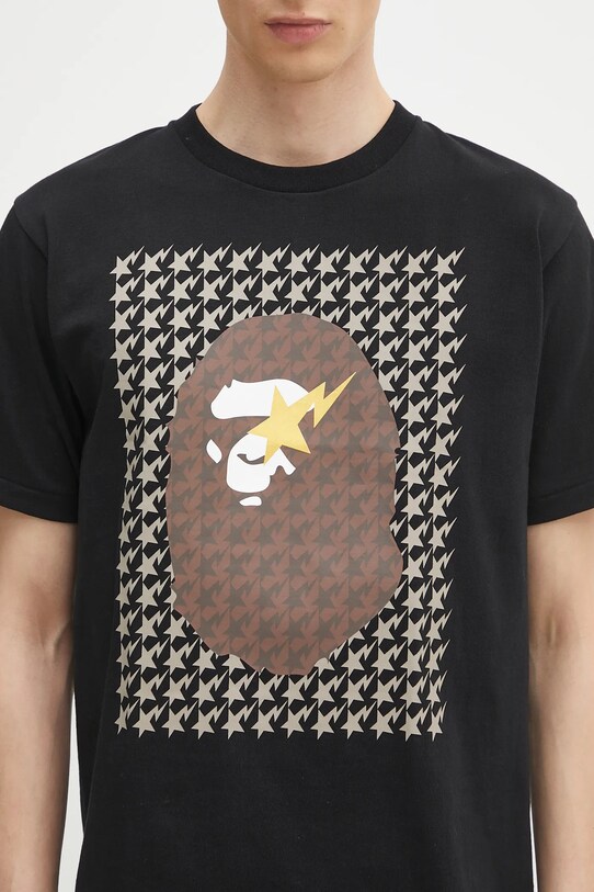 Памучна тениска A Bathing Ape STA houndstooth APE head черен 1K80110035