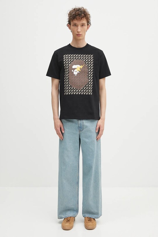 Памучна тениска A Bathing Ape STA houndstooth APE head 1K80110035 черен