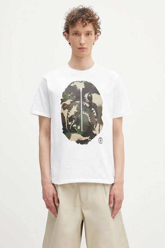 A Bathing Ape tricou din bumbac Map camo APE head shark print alb 1L30110023