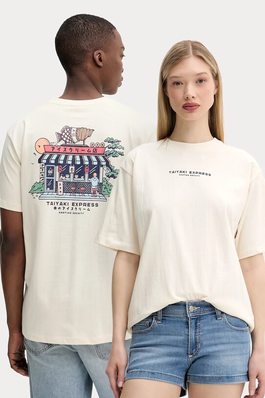 Kaotiko t-shirt bawełniany nadruk beżowy AQ038.01S.G002