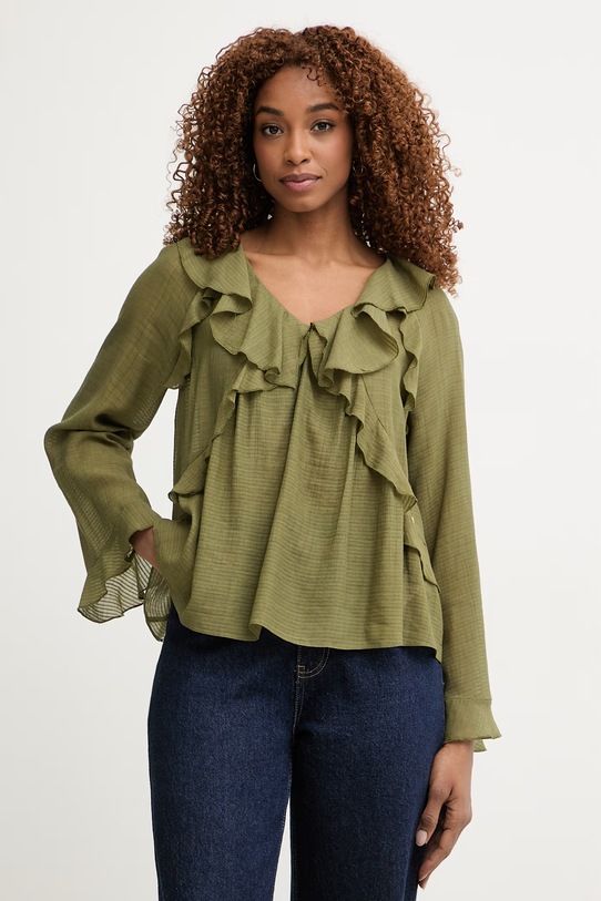Pedro del Hierro bluzka z falbanką damska z wiskozą zielony 6633455
