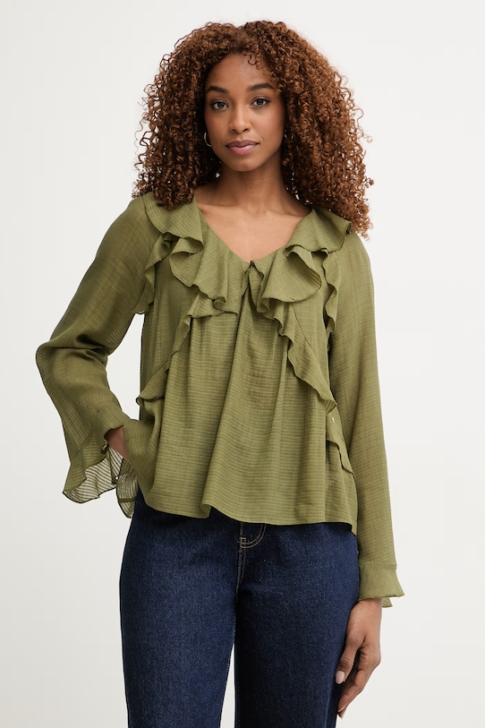 Pedro del Hierro bluzka z falbanką damska z wiskozą zielony 6633455