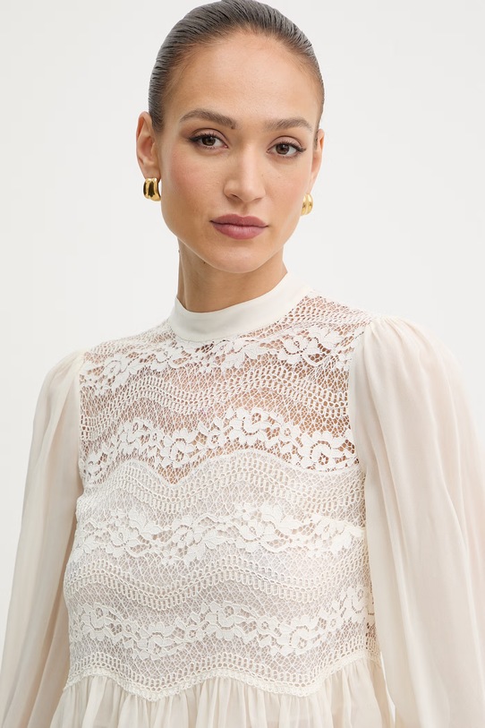 Twinset bluzka z falbanką damska z wiskozy beżowy 261TP2782