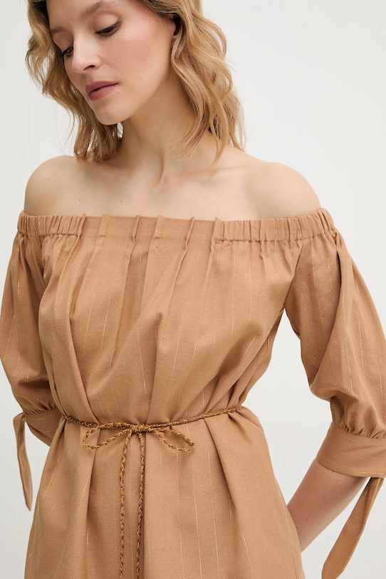 Twinset bluzka z domieszką lnu brązowy 261LB2QGG