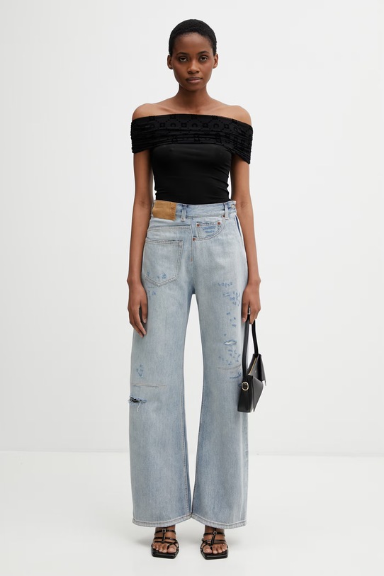 Marine Serre Off Shoulder Drapped Top bluzka damska z wiskozą gładka WTO509ACJER0022 czarny