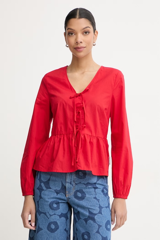 Marc O'Polo bluzka z falbanką damska bawełniana czerwony 5000009553