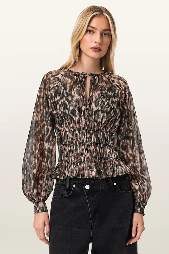 AllSaints bluzka z dodatkiem jedwabiu CERN regular brązowy W004PE