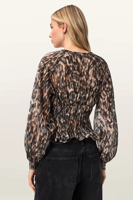 AllSaints bluzka z dodatkiem jedwabiu CERN W004PE brązowy SS26