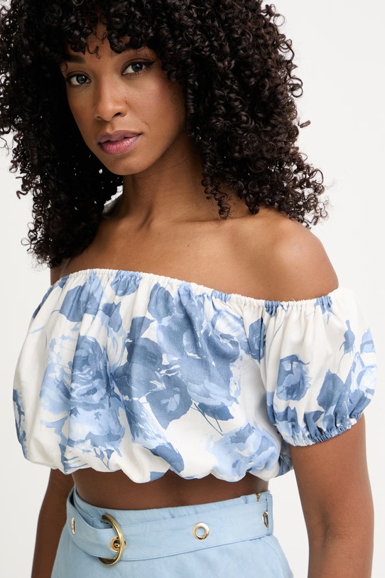 Odzież Guess bluzka damska z lnem RYAN W6GHA1.W2447 niebieski