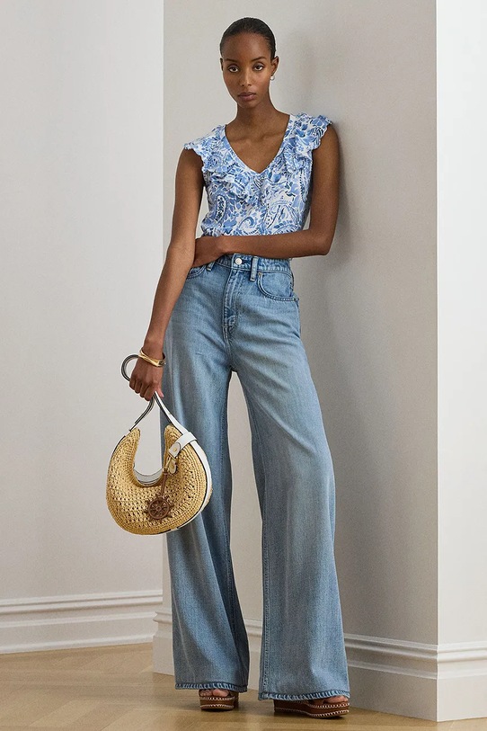 Odzież Lauren Ralph Lauren bluzka z falbanką damska bawełniana 200P13316 niebieski