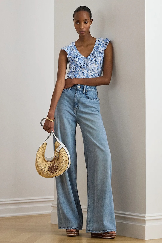 Odzież Lauren Ralph Lauren bluzka z falbanką damska bawełniana 200P13316 niebieski