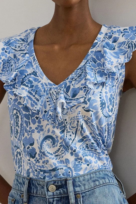 Lauren Ralph Lauren bluzka z falbanką damska bawełniana niebieski 200P13316