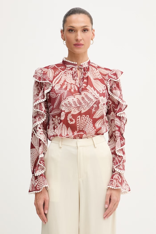 OUI bluzka z falbanką damska bordowy 97232