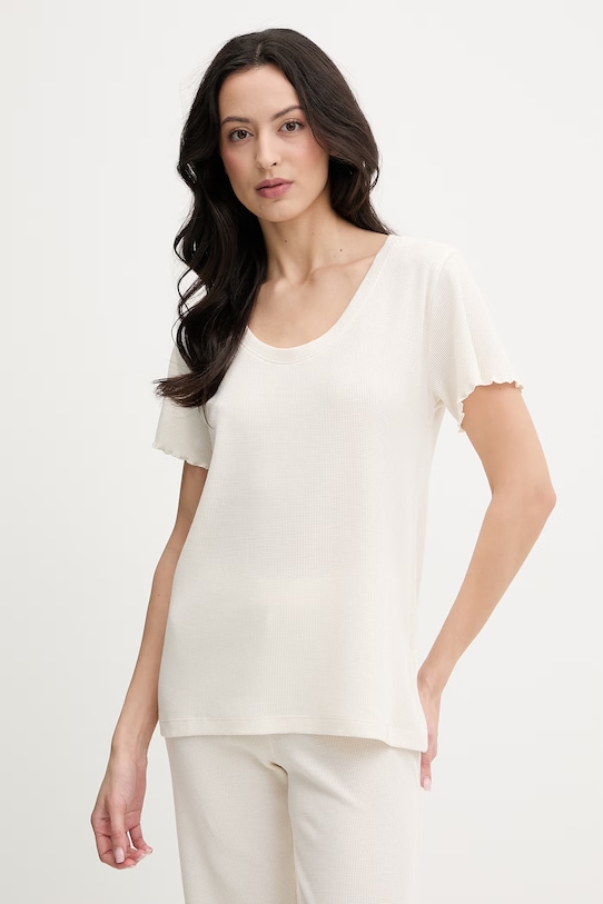 Горнище на пижама с къси ръкави BOSS Cosy Waffle горнище бежов 50557177