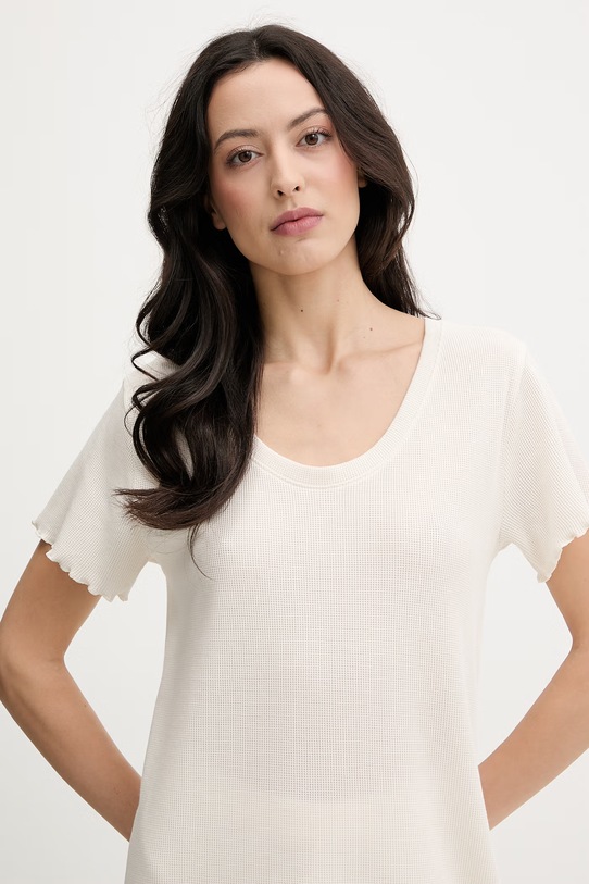 Горнище на пижама с къси ръкави BOSS Cosy Waffle бежов 50557177