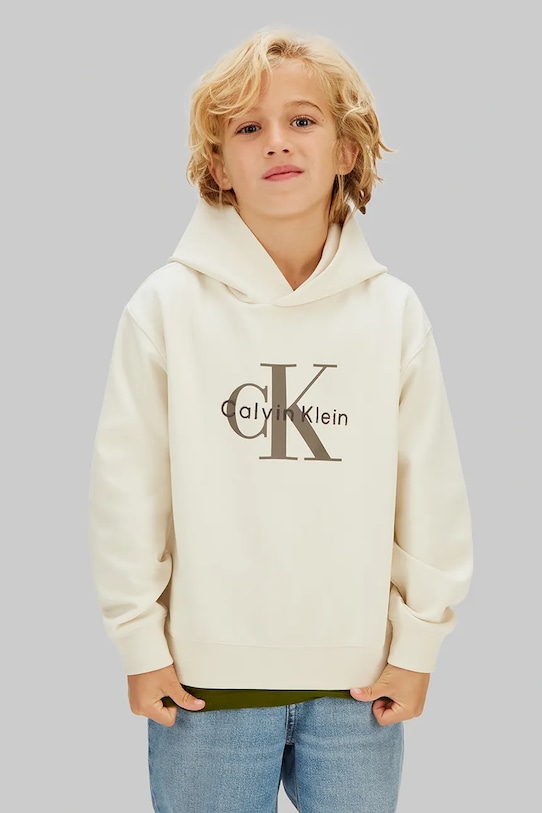 Παιδική μπλούζα Calvin Klein Jeans με κουκούλα μπεζ IB0IB02615.116.PPY2