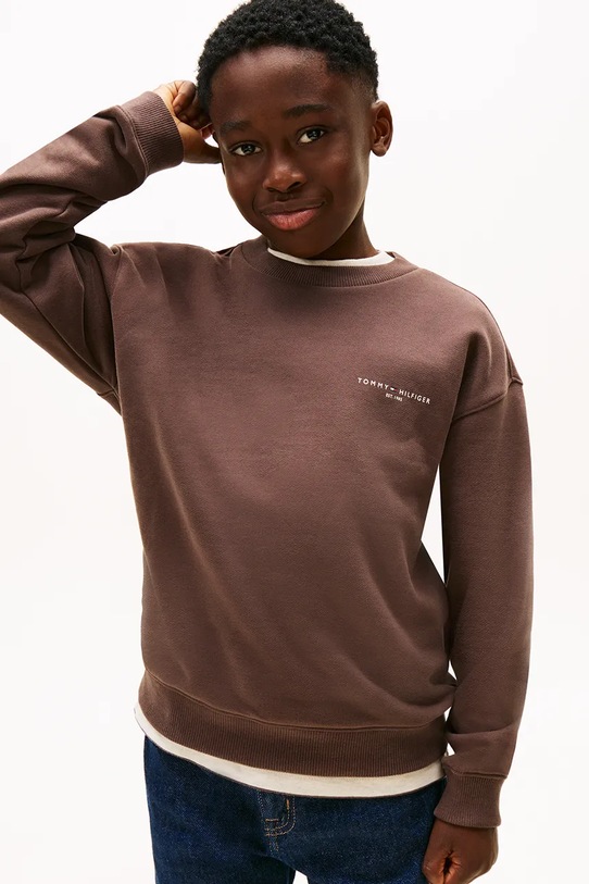 Детски суичър Tommy Hilfiger изчистен кафяв KS0KS00665.128.176.PPY2