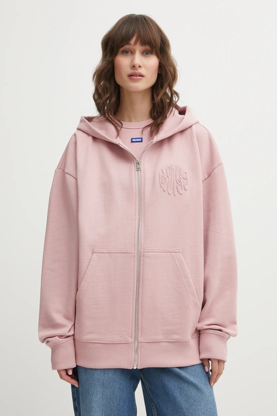 Hugo Blue bluza bawełniana z kapturem różowy 50553980