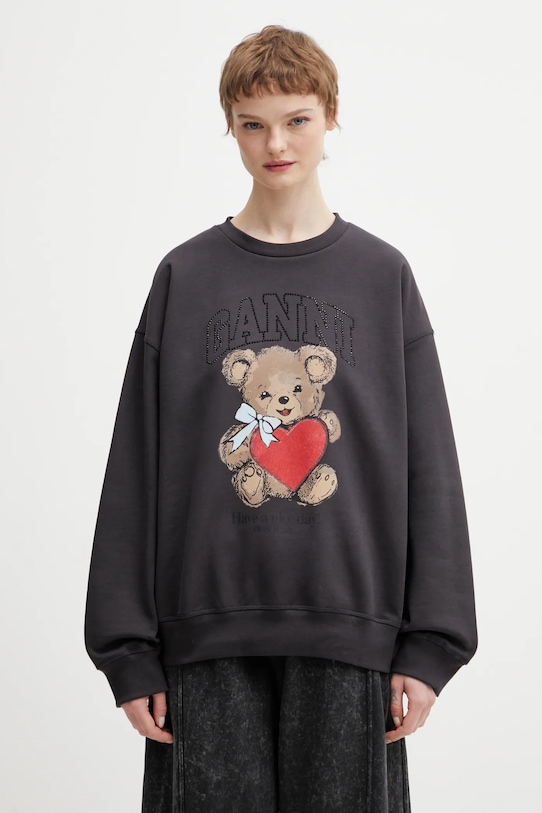 GANNI bluza bawełniana nadruk szary A1060027