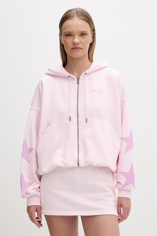 Guess Jeans mikina na zips s kapucňou dámska bavlnená ružová W6GQ06.K68I4