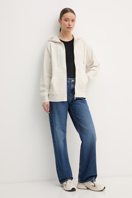 Calvin Klein Jeans mikina na zips s kapucňou dámska bavlnená LV047F205G béžová SS26