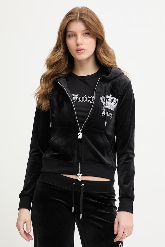 Odzież Juicy Couture bluza z kapturem damska welurowa GOTHIC CROWN JCBAS126805 czarny