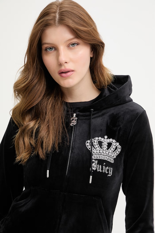 Juicy Couture bluza z kapturem damska welurowa GOTHIC CROWN czarny JCBAS126805