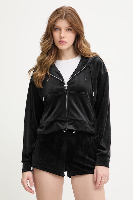 Ρούχα Juicy Couture μπλούζα με κουκούλα γυναικεία βελούδινη ICCLE HOODIE JCWAS126304 μαύρο