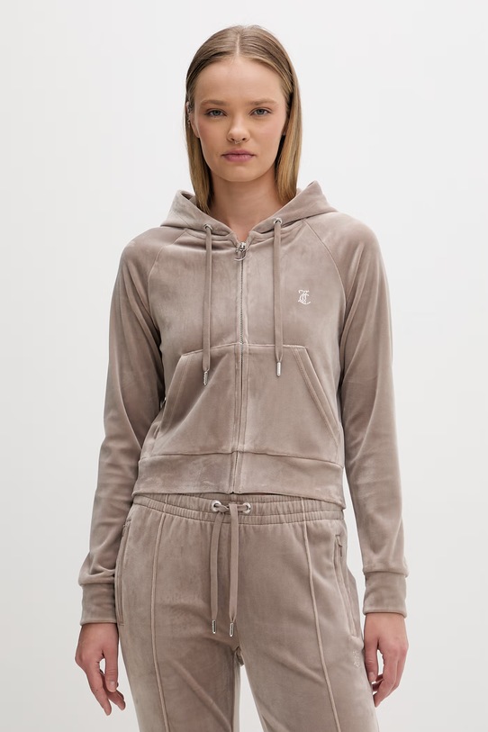 Juicy Couture bluza z kapturem damska welurowa MADISON COL OUT brązowy JCWAS126326