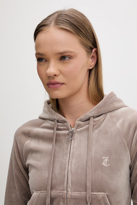 Juicy Couture bluza z kapturem damska welurowa MADISON COL OUT brązowy JCWAS126326