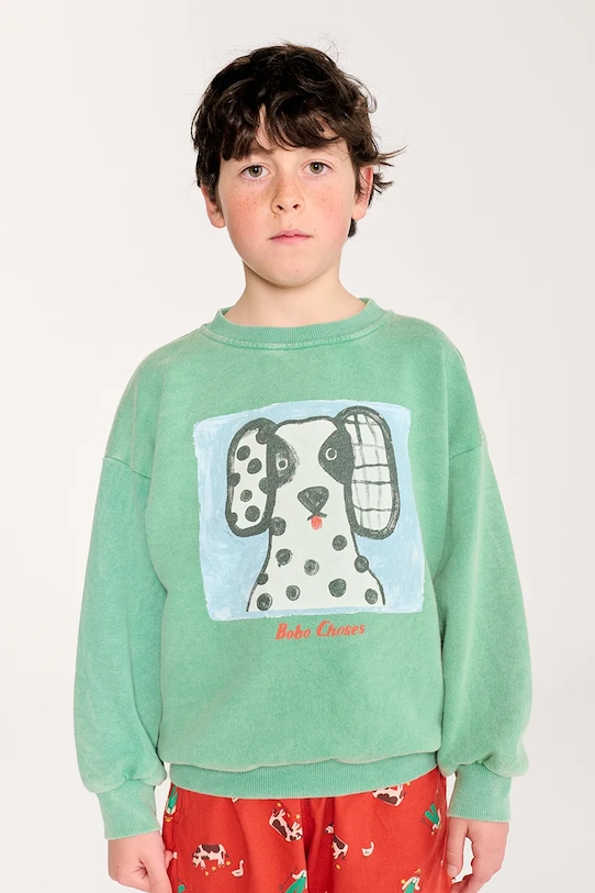 Bobo Choses bluza bawełniana dziecięca Van Dog sweatshirt nadruk zielony 126AC159