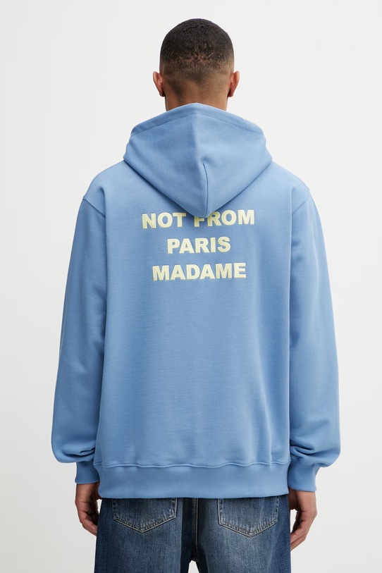 Drôle de Monsieur mikina s kapucí pánská bavlněná Le Hoodie Slogan modrá K.HO162.CO127.ATBL