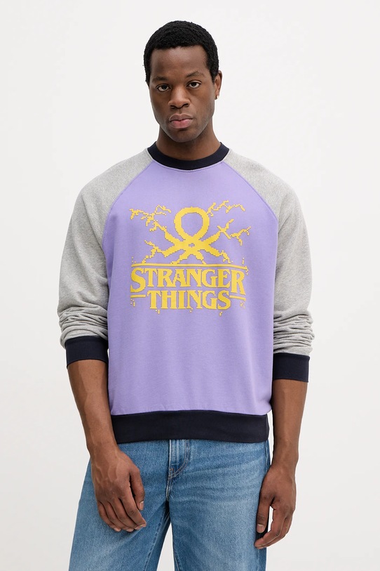 Βαμβακερή μπλούζα United Colors of Benetton x Stranger Things χωρίς κουκούλα μωβ 38JZU10B9