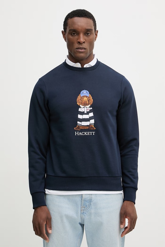 Bombažen pulover Hackett London Brez kapuce mornarsko modra HM5800093