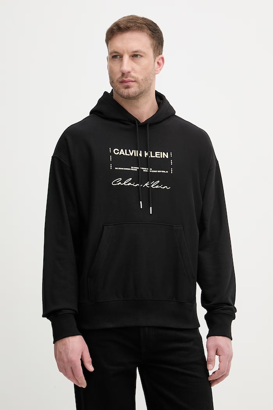 Calvin Klein Jeans Μπλούζα με κουκούλα ανδρική με βαμβάκι μαύρο LV04RF247G