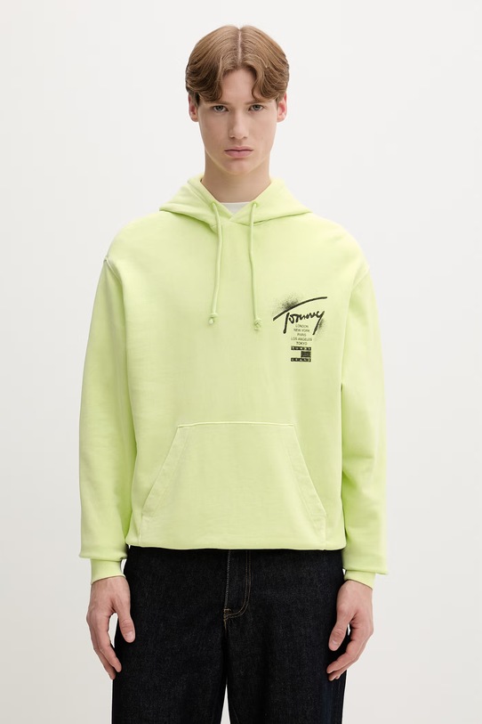 Tommy Jeans mikina s kapucí pánská bavlněná zelená DM0DM22840