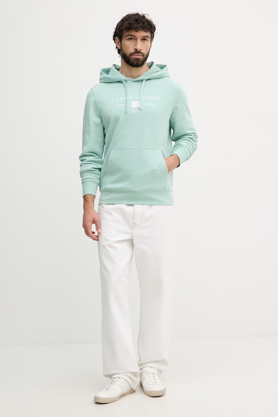 Tommy Hilfiger bluza z kapturem męska bawełniana MW0MW42464 turkusowy SS26