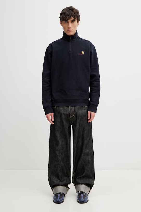 Carhartt WIP Half Zip American Script Sweat bluza z kapturem bawełniana z elastanem męska I027014.J0XX granatowy