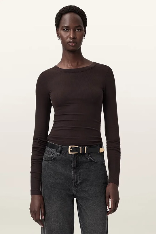 AllSaints longsleeve z elastanem brązowy W270JB