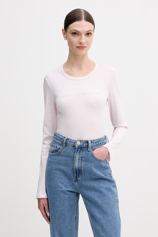 Pamučna majica dugih rukava United Colors of Benetton bez uzorka roza 3GA8E16G0
