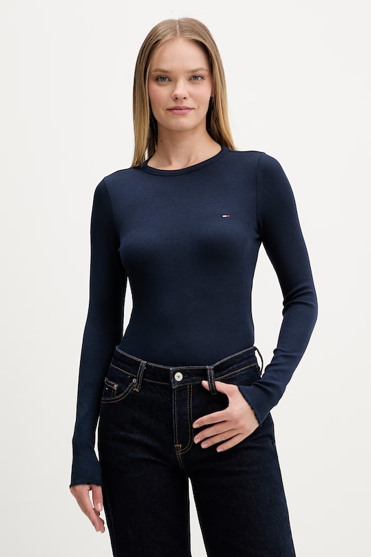 Tommy Jeans tričko s dlouhým rukávem dámské bavlněné s elastanem námořnická modř DW0DW22783