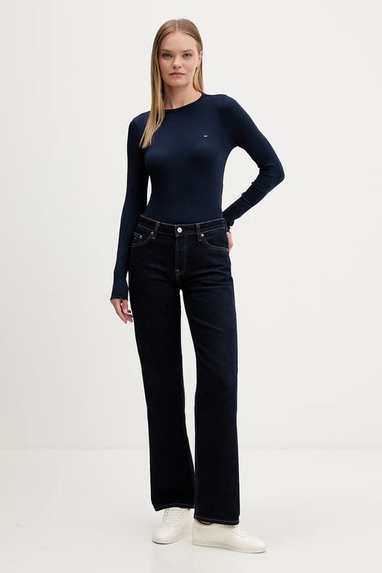 Tommy Jeans tričko s dlouhým rukávem dámské bavlněné s elastanem DW0DW22783 námořnická modř SS26