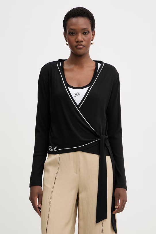 Karl Lagerfeld tričko s dlouhým rukávem dámské z viskózy černá B2W44007